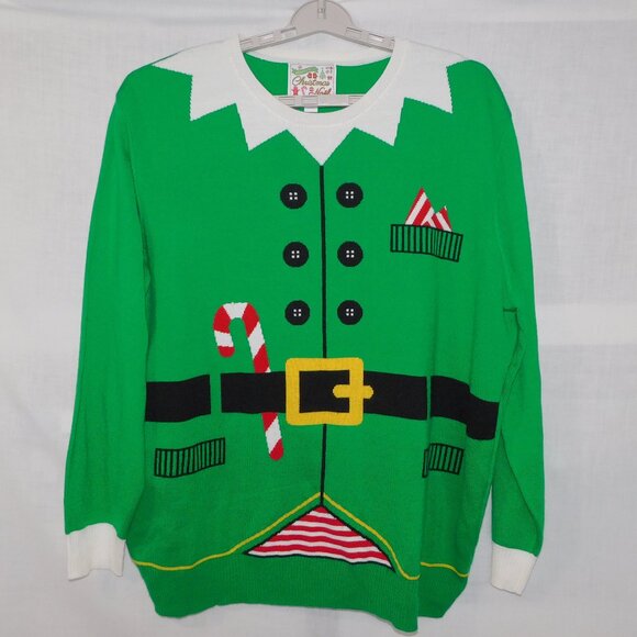 Green Elf Ugly Christmas Holiday Sweater Dress Up Mens XL Acrylic - Picture 1 of 9